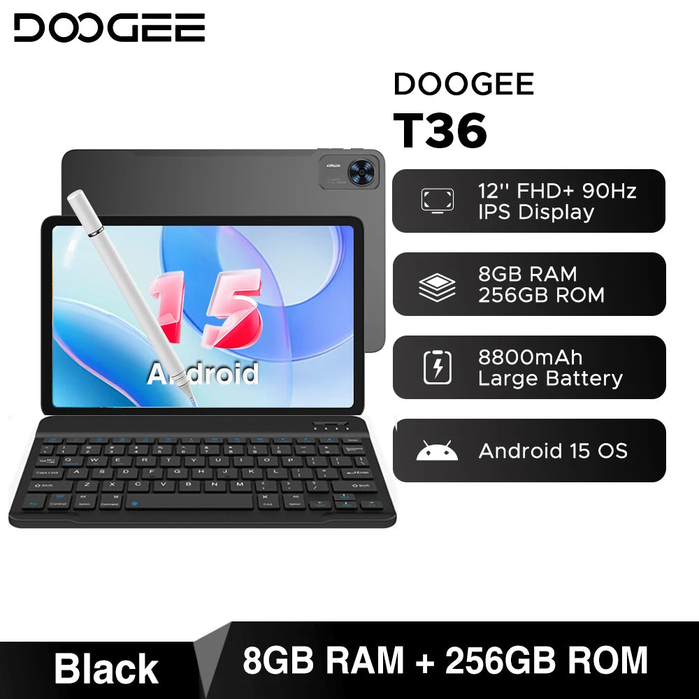 Global Version DOOGEE T36 Android 15 Tablet 8+256GB 12'' FHD+ 90Hz IPS Display Unisoc