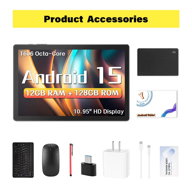 ANRY 10.95-inch HD Display Tablet Android 15 12GB RAM 128 ROM 2.4G/5G WiFi T606 Octa-Code