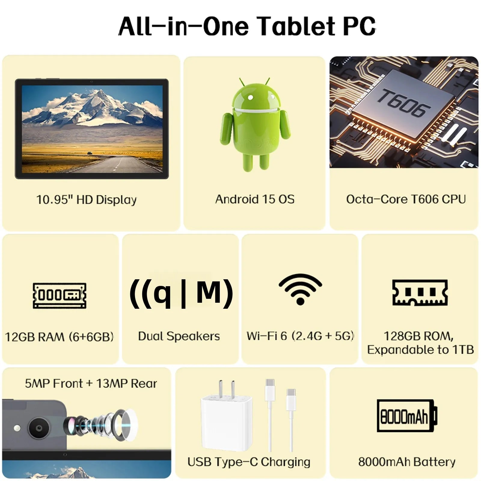 ANRY 10.95-inch HD Display Tablet Android 15 12GB RAM 128 ROM 2.4G/5G WiFi T606 Octa-Code