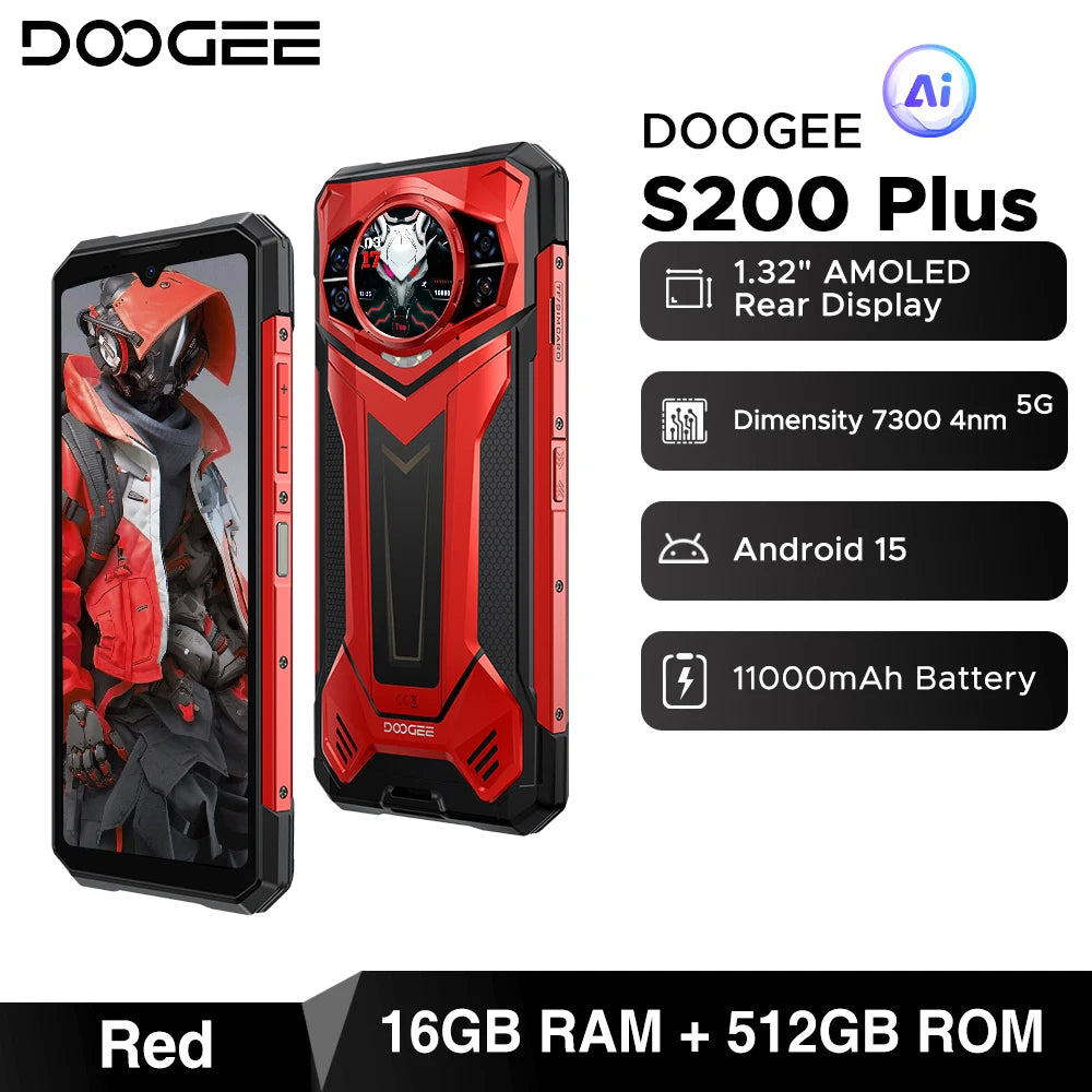 DOOGEE S200 Plus 5G AI Rugged Phone Android 15 Dimensity 7300 1.32" Rear Display