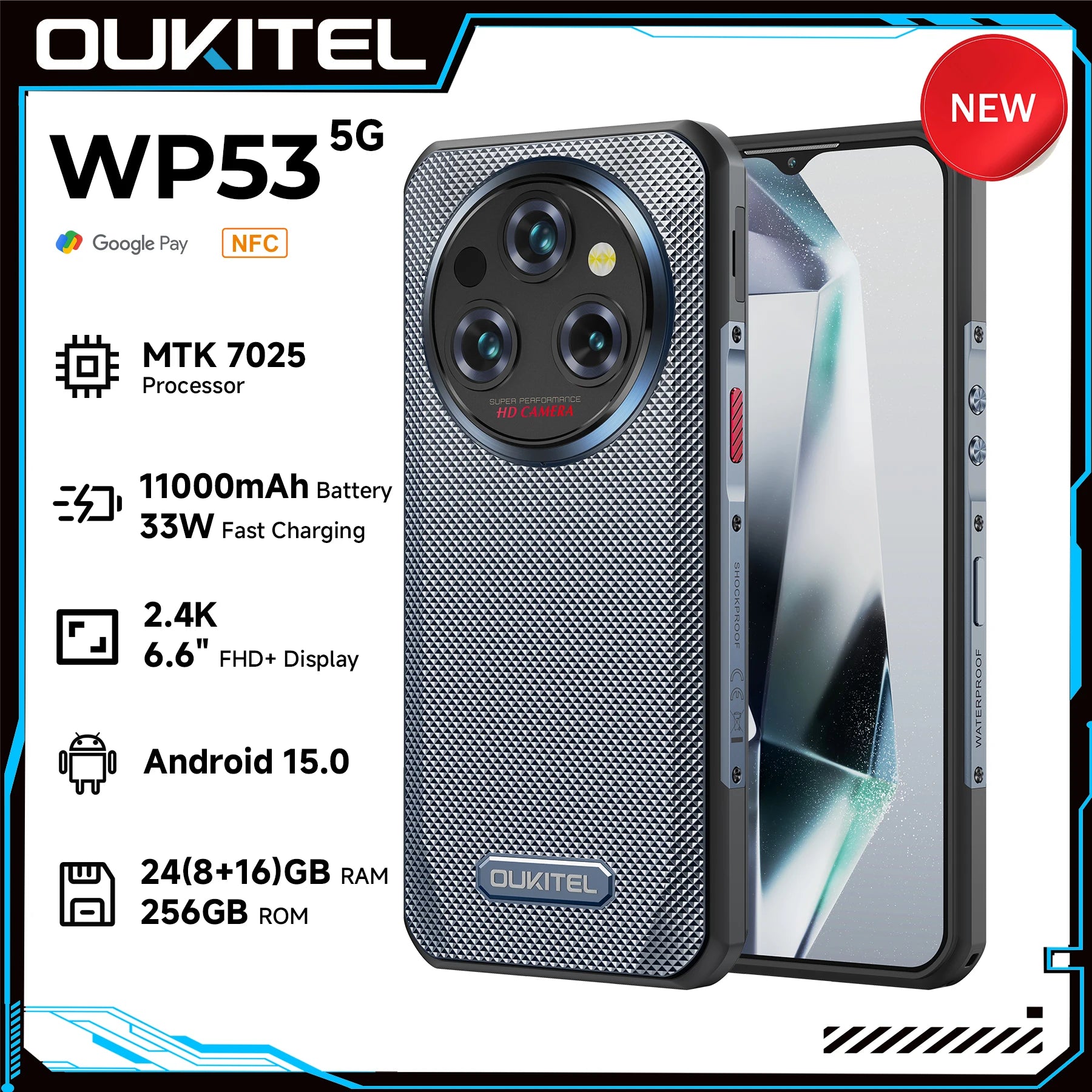 Oukitel WP35 Rugged Phone - MTK 7025, 5G, 11000mAh, 6.6" FHD+, 24GB + 256GB, 108MP