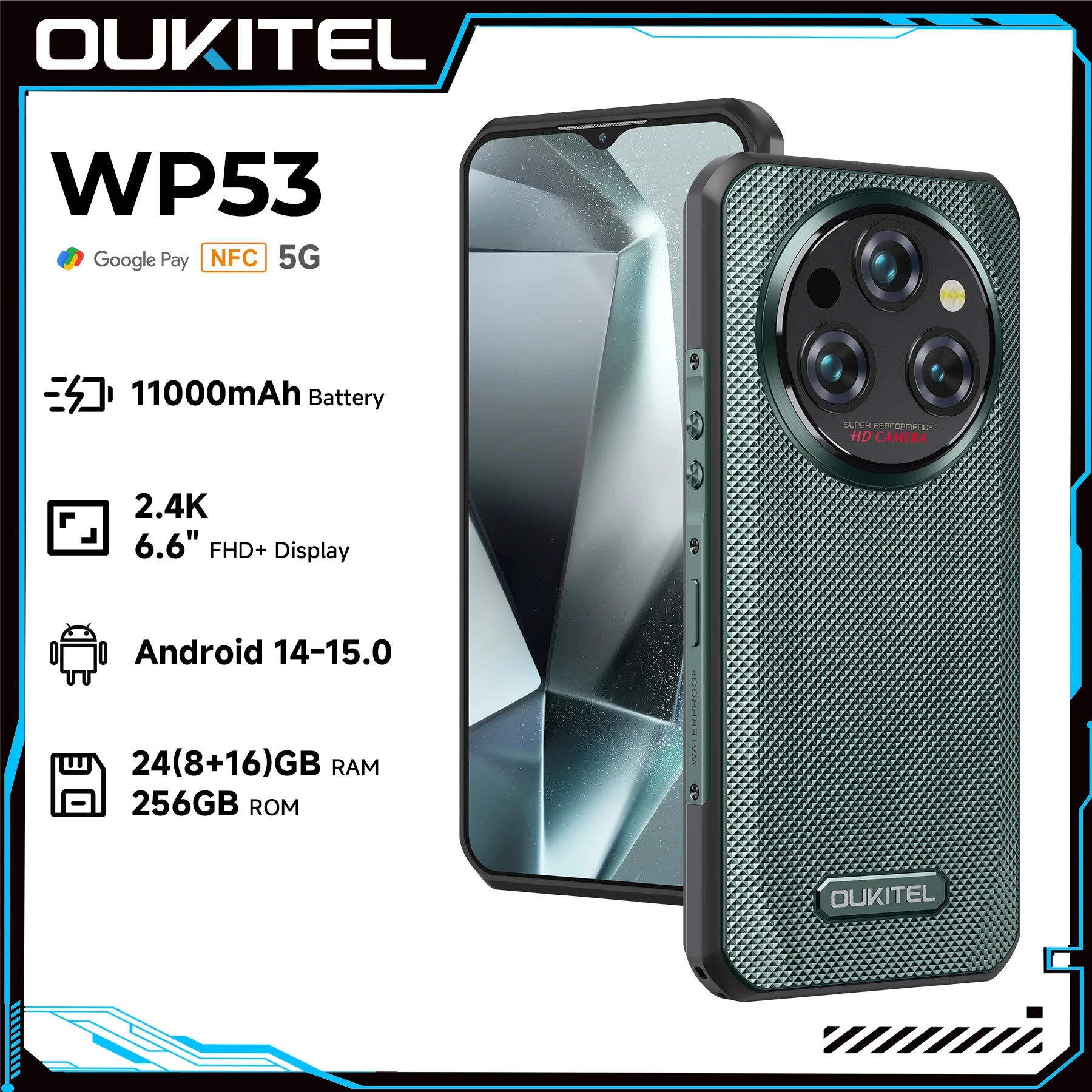 Oukitel WP35 Rugged Phone - MTK 7025, 5G, 11000mAh, 6.6" FHD+, 24GB + 256GB, 108MP