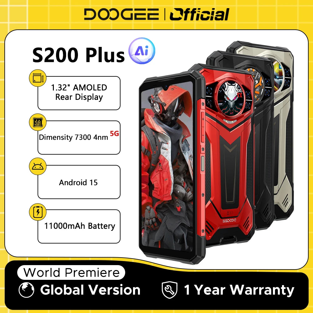 DOOGEE S200 Plus 5G AI Rugged Phone Android 15 Dimensity 7300 1.32" Rear Display