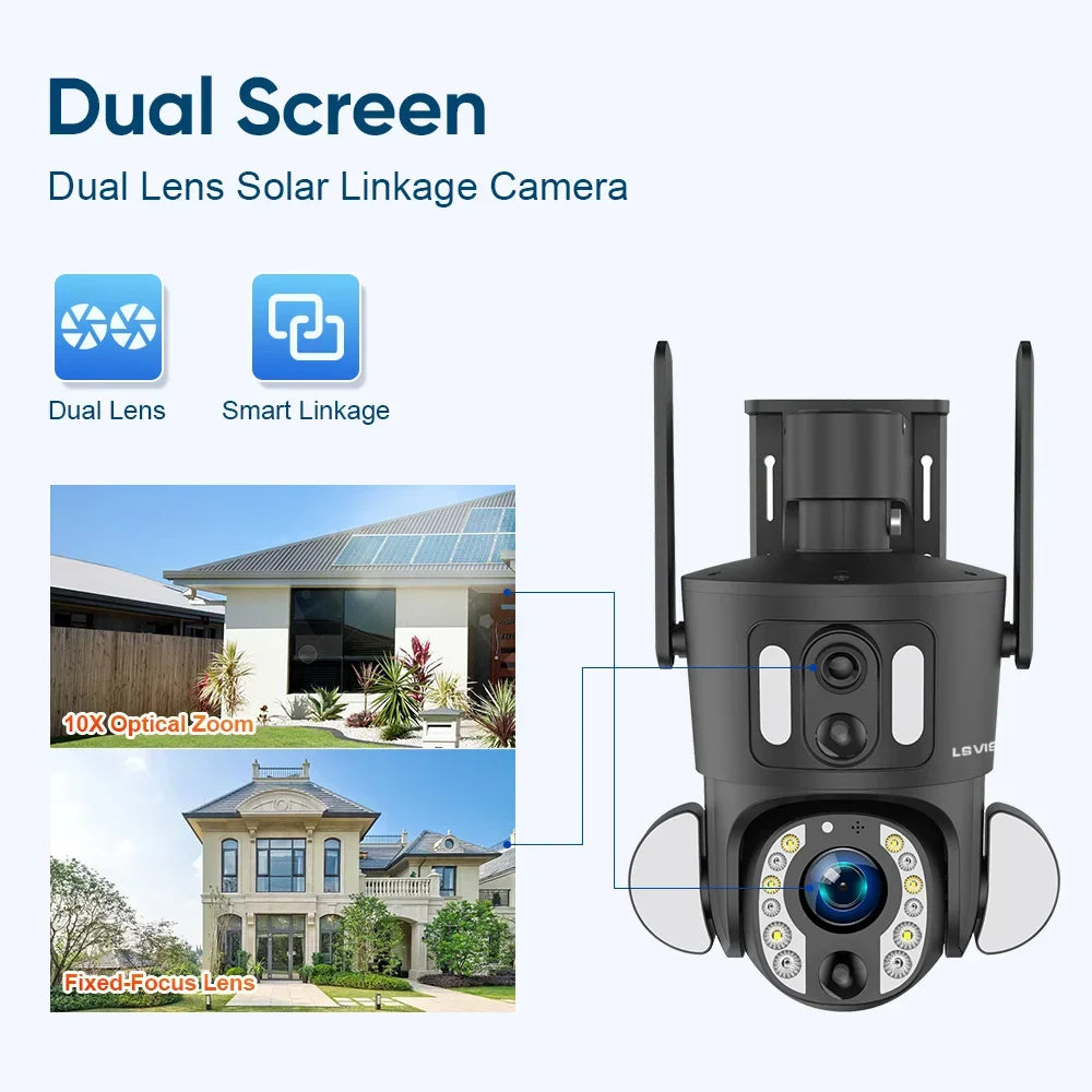 LS VISION 8MP 20X Optical Zoom Dual Screen 4G Sim Solar Camera 4K WiFi PTZ Dual PIR Detection Humanoid Camera