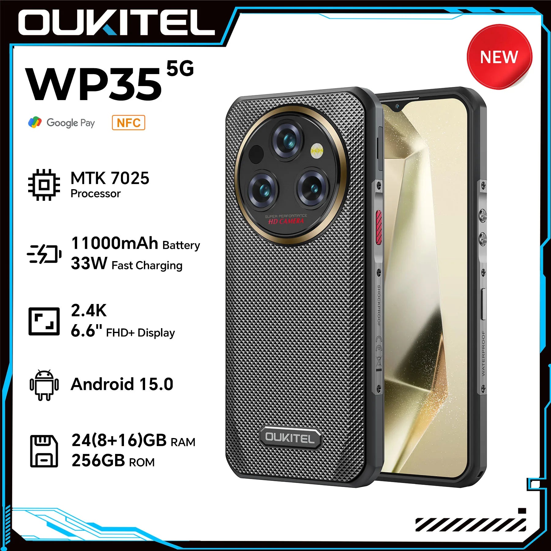 Oukitel WP35 Rugged Phone - MTK 7025, 5G, 11000mAh, 6.6" FHD+, 24GB + 256GB, 108MP
