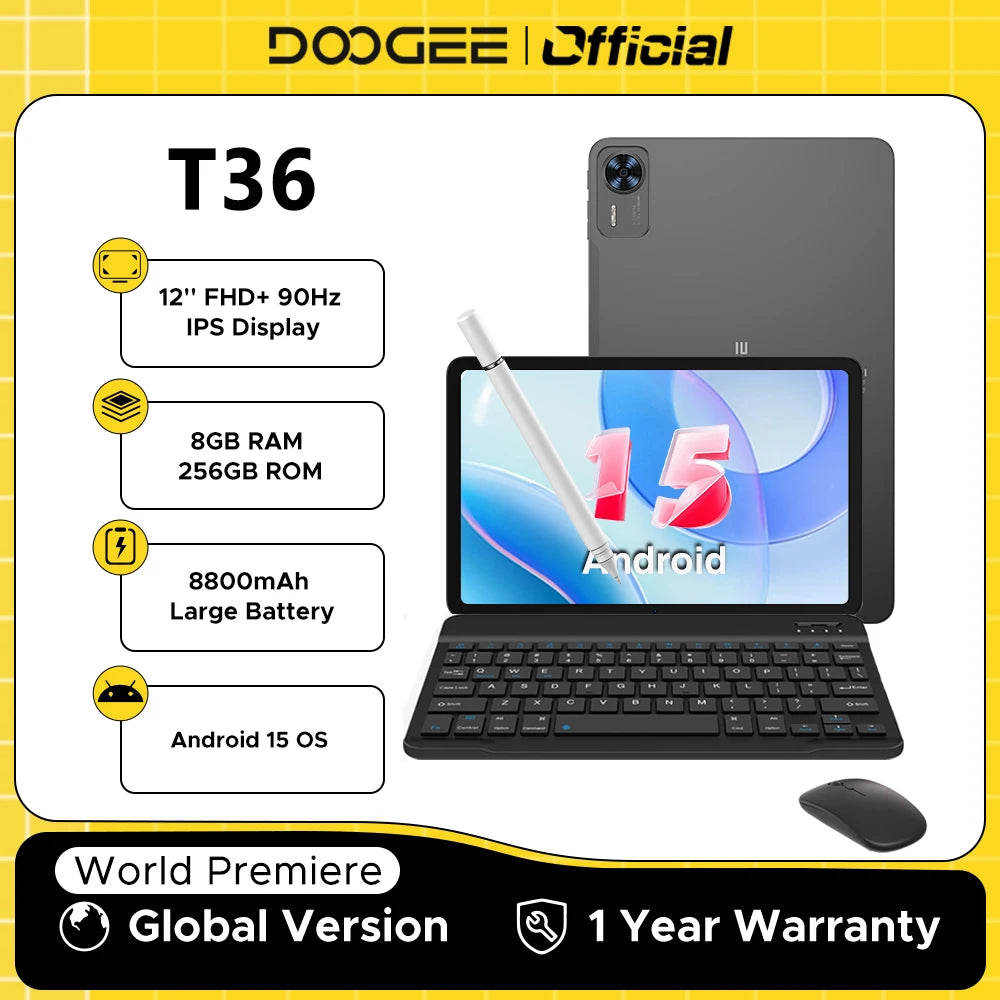 Global Version DOOGEE T36 Android 15 Tablet 8+256GB 12'' FHD+ 90Hz IPS Display Unisoc