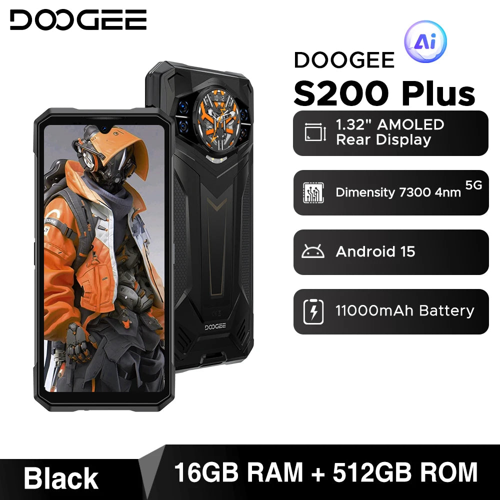 DOOGEE S200 Plus 5G AI Rugged Phone Android 15 Dimensity 7300 1.32" Rear Display