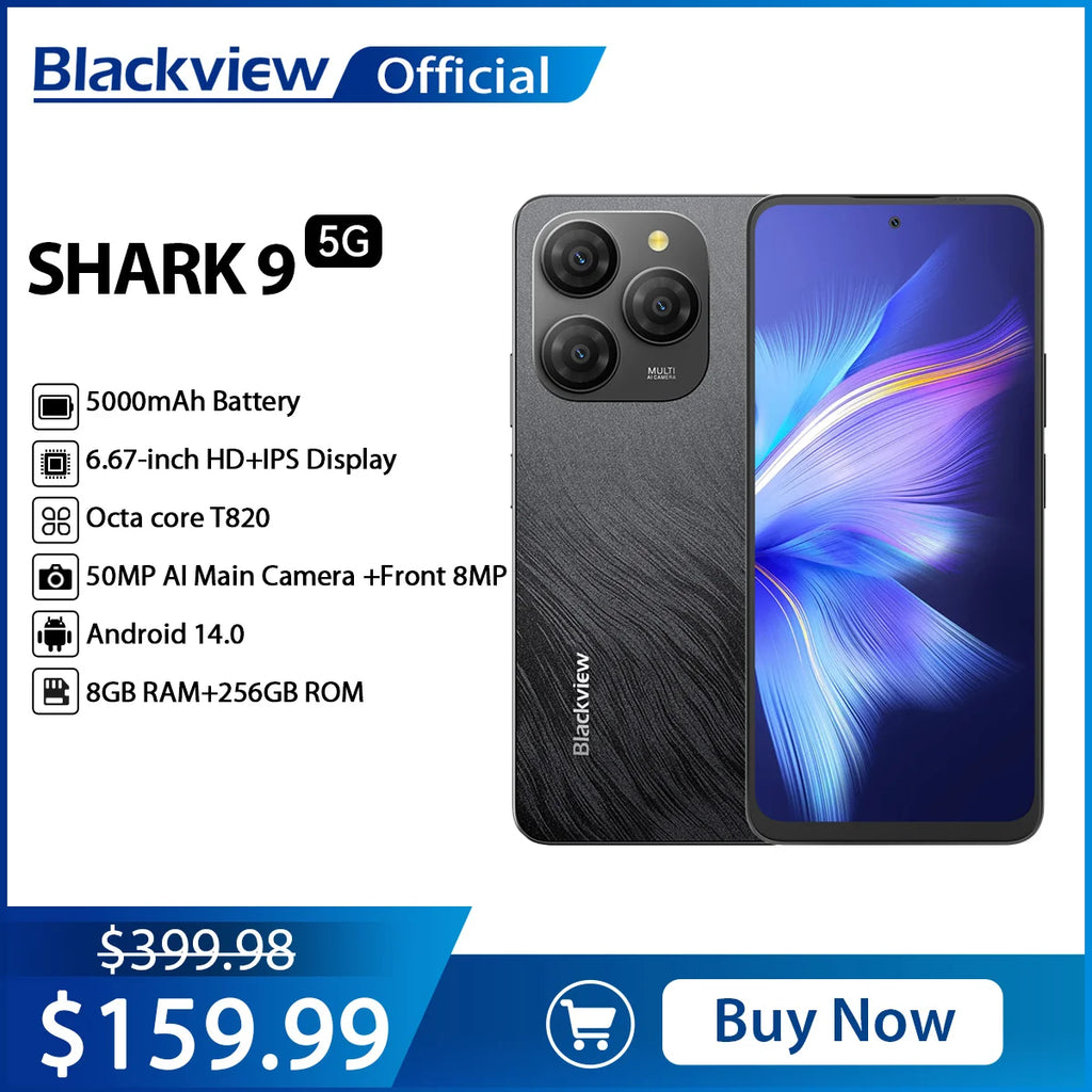Blackview SHARK 9 5G Smartphone 6.67'' HD Display,T820 Octa core,8GB+256GB,50MP AI Camera