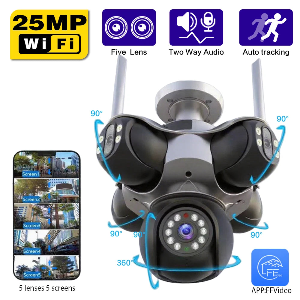 25MP 4K Wifi Panoramic Security Camera Outdoor 5 Lens 5 Screens Auto Tracking Wireless PTZ CCTV