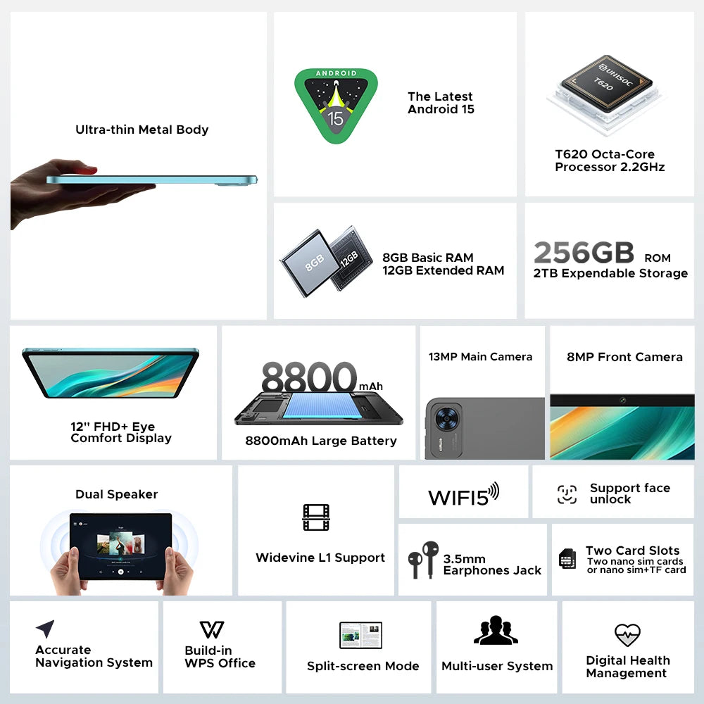 Global Version DOOGEE T36 Android 15 Tablet 8+256GB 12'' FHD+ 90Hz IPS Display Unisoc