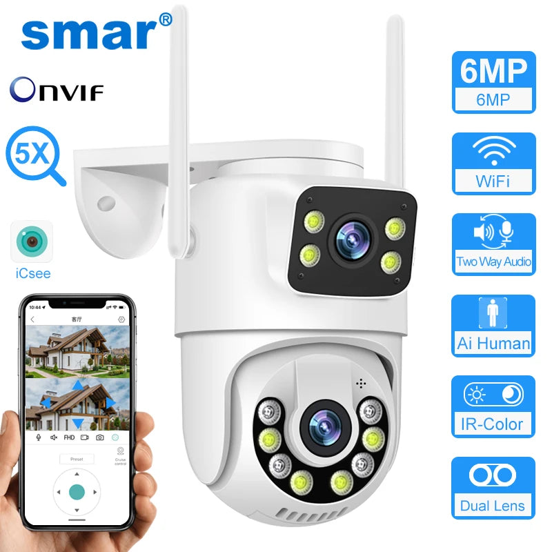 Smar 6MP PTZ WiFi IP Camera Dual Lens With Dual Screen Two-way Audio Auto Tracking Security Outdoor CCTV
