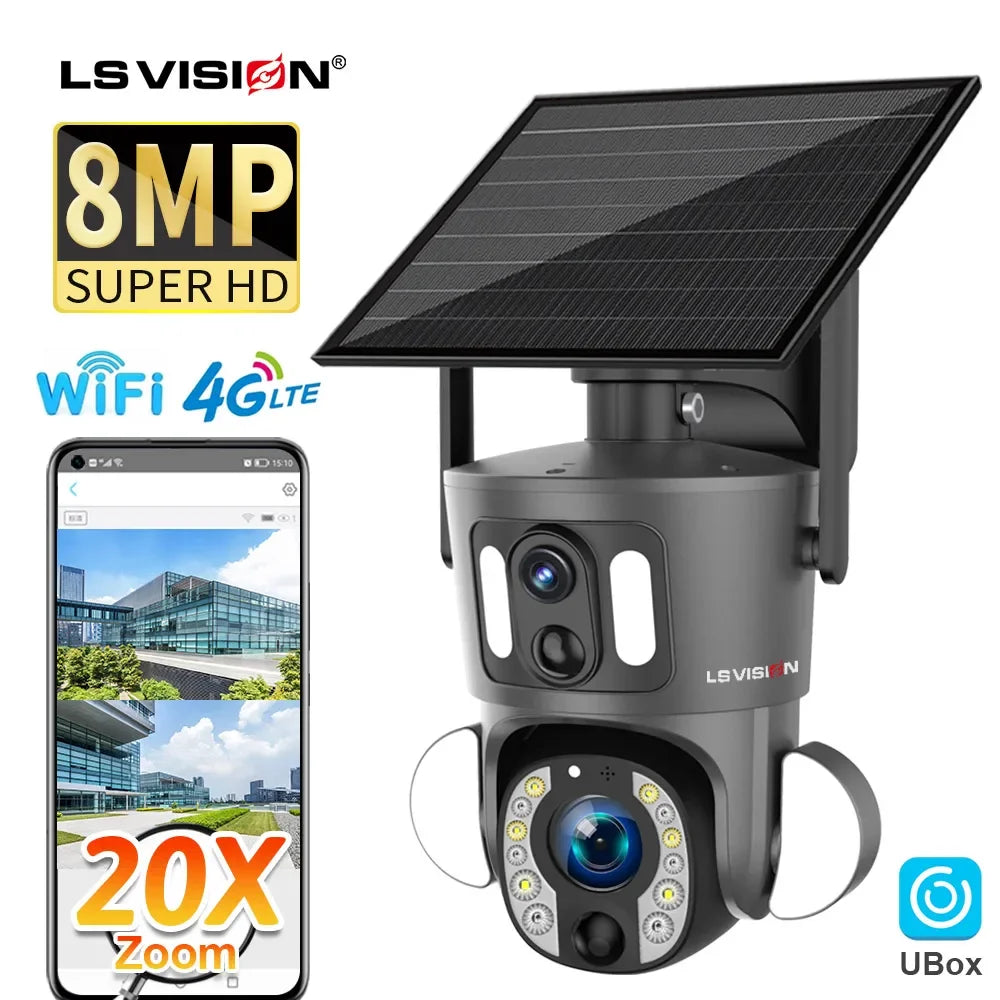 LS VISION 8MP 20X Optical Zoom Dual Screen 4G Sim Solar Camera 4K WiFi PTZ Dual PIR Detection Humanoid Camera