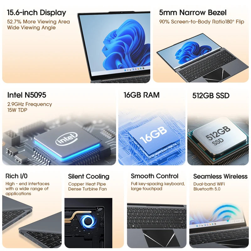 Laptop 15.6 Inch Intel N5095 Windows 10 Notebook Computer 16GB DDR4 512GB SSD 4000mAh