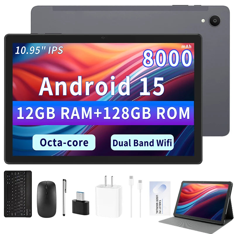 ANRY 10.95-inch HD Display Tablet Android 15 12GB RAM 128 ROM 2.4G/5G WiFi T606 Octa-Code